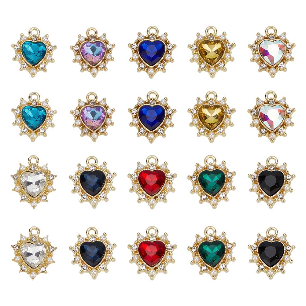 DELORIGIN 20Pcs 10 Color Zirconia Crystal Pendants Heart Rhinestone Charms Golden Alloy Hanging Pendants with Pearl Decoration for Valentine's Day Jewellery Making DIY Necklace Earring Bracelet
