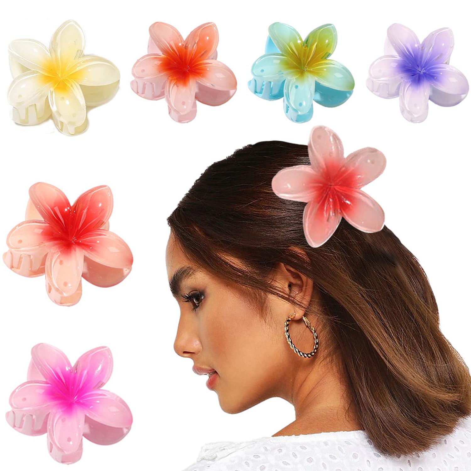 Flower Hair Clip, Nonslip Flower Claw Clips Strong Hold Hawaiian Claw Clip for Medium Thick Hair Hair Claw Clips for Women and Girls (A# 6 PCS)