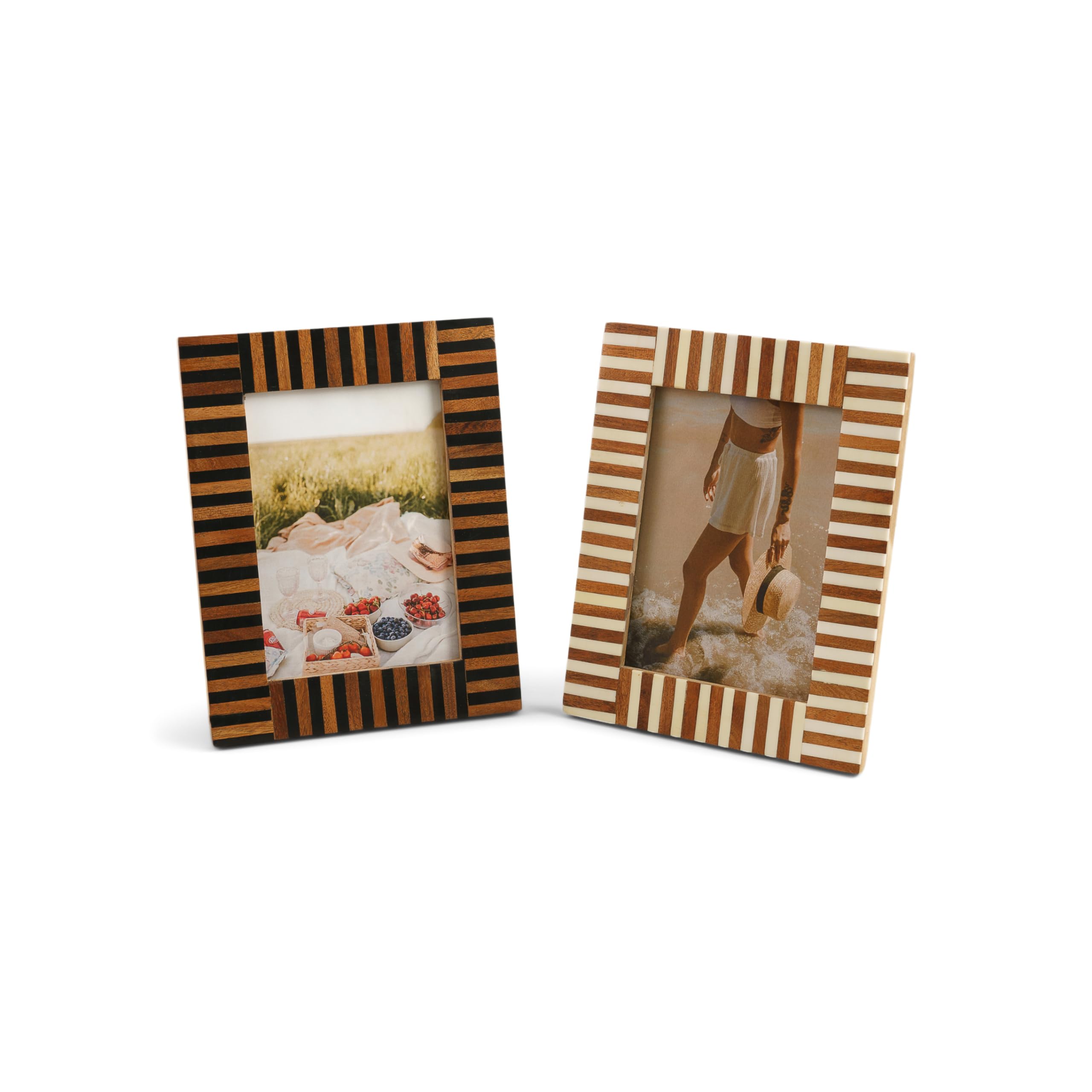 Photo 1 of IHI EST. 1986 Alternating Striped Design - Vertical or Horizontal Display - 7 x 9 Inch; Holds 5 x 7 Photo Black/Brown/Ivory Wooden Tabletop Frame; Set of 2