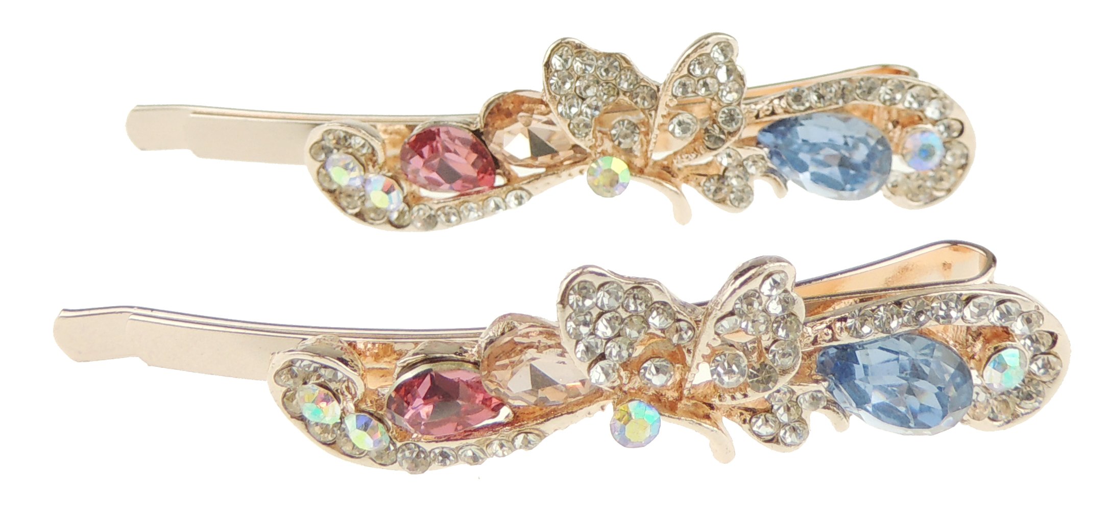Womens Gold Tone Sparkly Bow Rhinestone Stones Jeweled Crystal Diamante Party Birthday Christmas Bridal Wedding Slides Hairpin Hair Clips Grips Bobby Pins Set of 2 Butterfly Swirls Multi