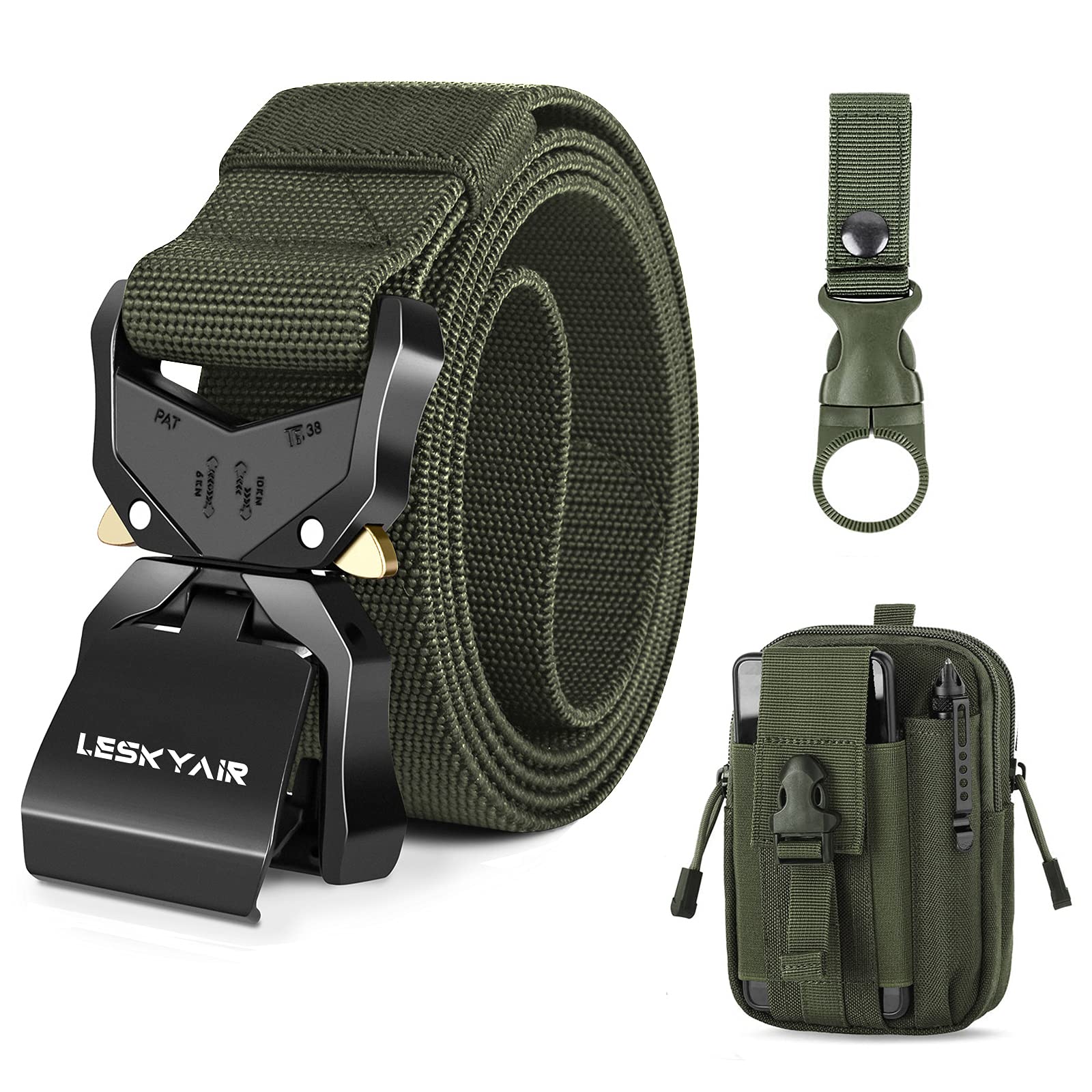 Leskyair Men Tactical Belt, Military Work Belt Rigger 1.5" Nylon with Heavy Duty Quick Release Metal Buckle, Gift with Molle Pouch and Bottle Clip — image 1