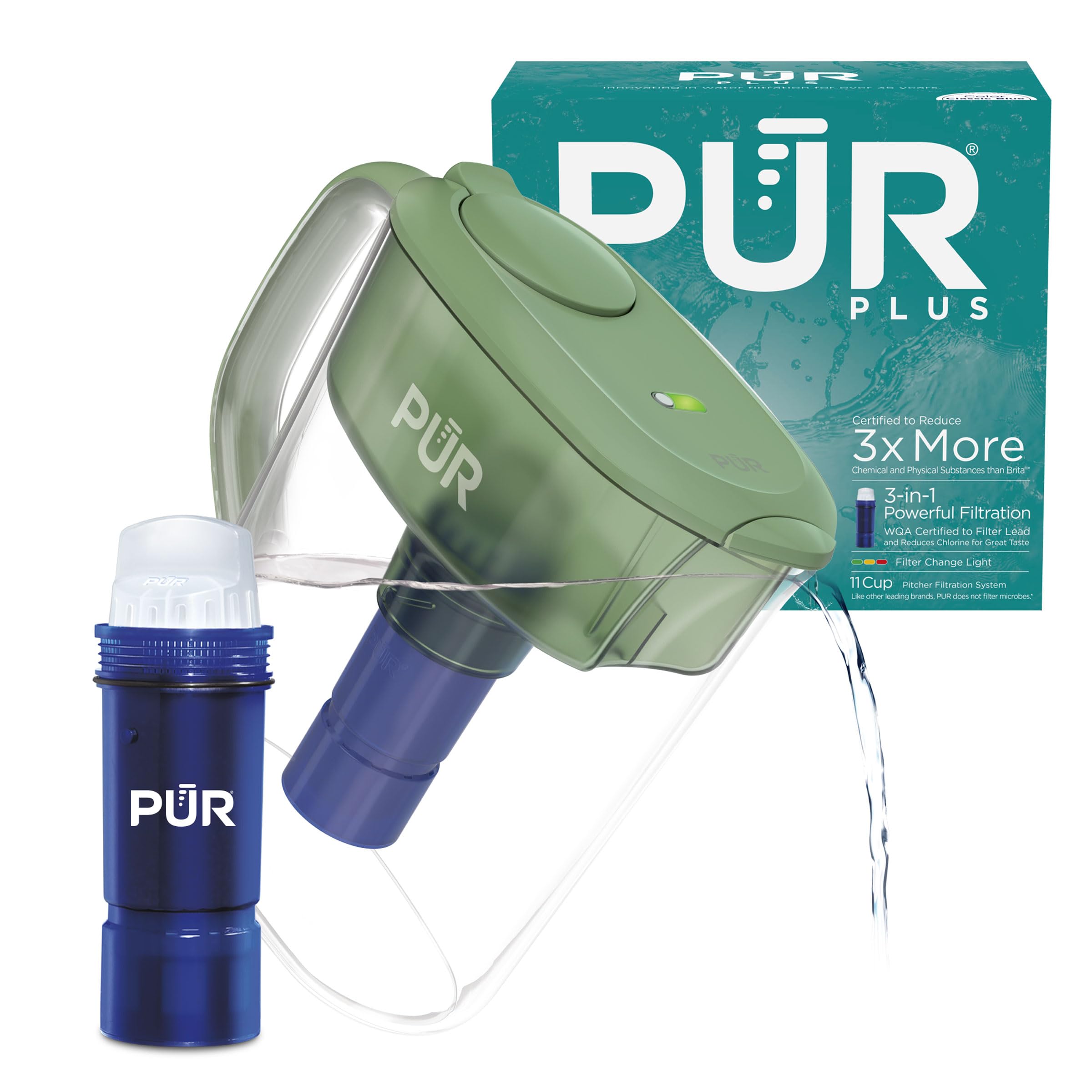 Photo 1 of PUR Plus 11-Cup Water Pitcher, 1 Lead-Reducing Filter, Cleaner, Great-Tasting Water, Dishwasher Safe, Powerful Filtration, Filter Change Light Indicator, LockFit Cap Design - Sage