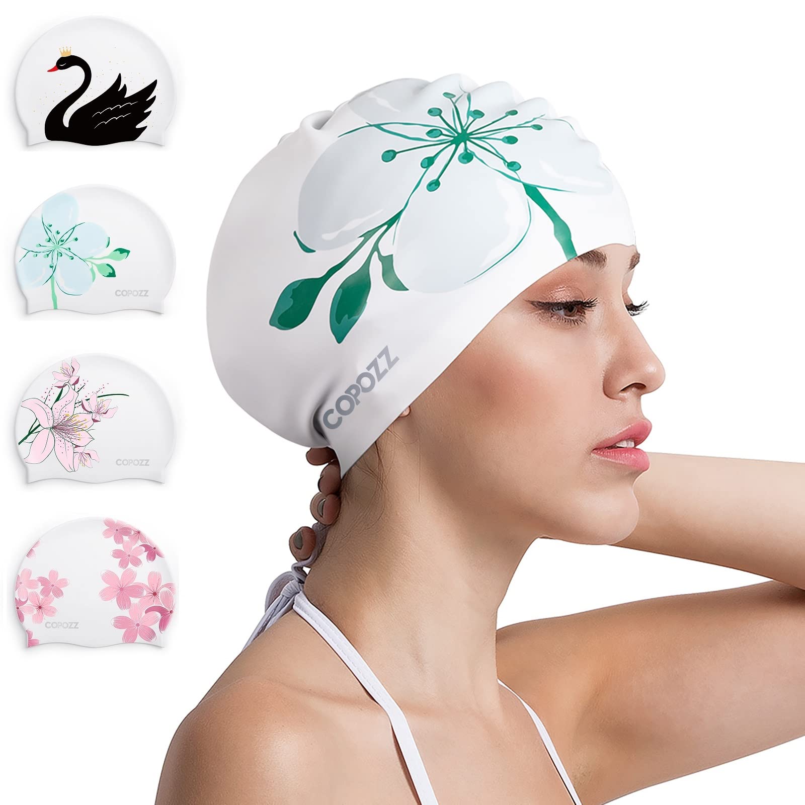 COPOZZ Swimming Cap Women, Adult Swim Cap for Hair and Ear Protection, Silicone Long Hair Swimming Cap for Women, which Keeps Hair Dry