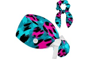 FVQL 1 Pack Surgical Cap with Hair Scrunchy, Scrub Hat Ponytail Holder for Women, Animal Leopard Print Patterns