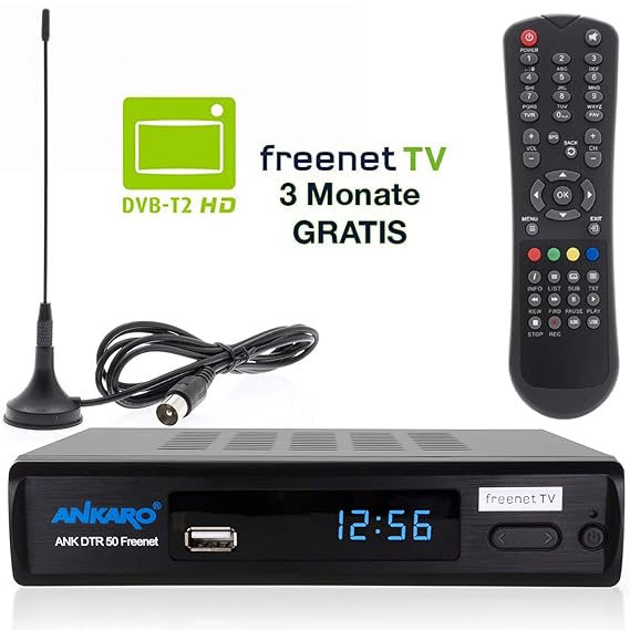 Ankaro DVB-T2 Receiver DTR 50 inkl. 3 Monate GRATIS Freenet TV digitaler H.265 Empfänger in schwarz inklusive DVB-T Stab Ante
