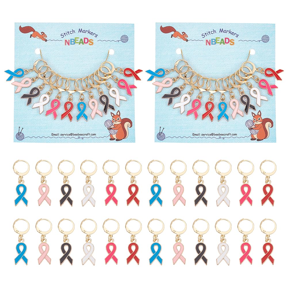 NBEADS 24 Pcs Awareness Ribbon Stitch Markers, Alloy Enamel Crochet Stitch Marker Charms with 304 Stainless Steel Clasp Locking Stitch Marker for Knitting Weaving Sewing Accessories Quilting Jewelry