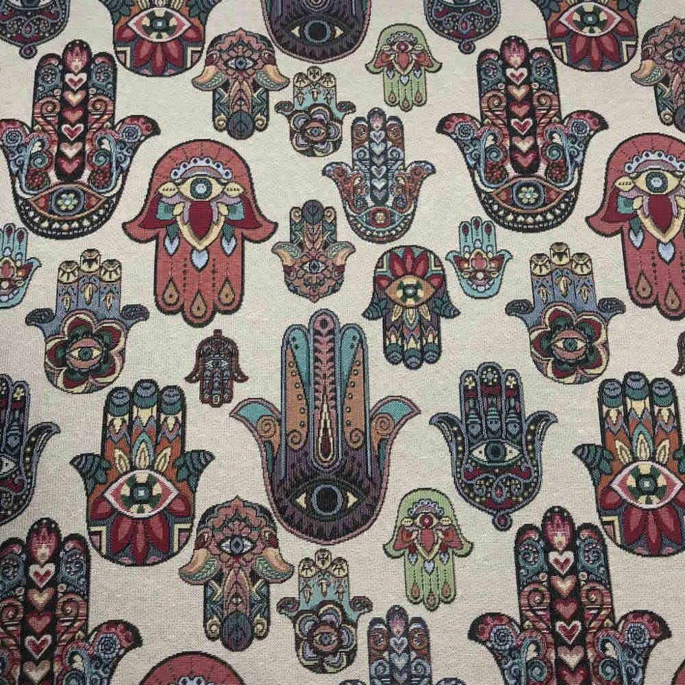 Kt KILOtela - Fabric Upholstery, Jacquard Gobelino, Upholstery Chairs, Cushions, Headboard, Sofa, Bags, Durable, Sewing, 100 cm Length x 280 cm Wide, Hand of Fatima, Multicoloured, Beige – 1 m