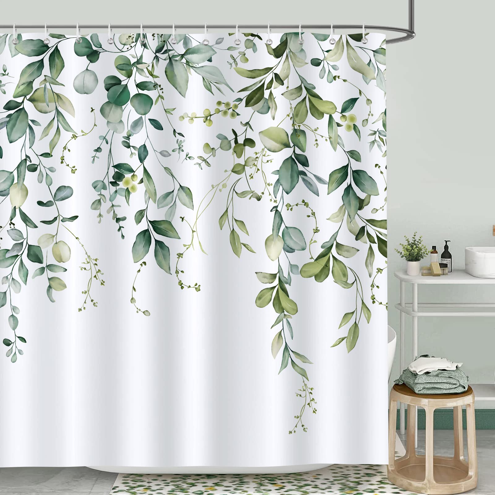 Bonhause Green Eucalyptus Leaves Shower Curtain 180 x 180 cm Watercolor Leaf Plant Bathroom Curtain Waterproof Mildew & Mould Resistant Polyester Fabric Bath Curtain with 12 Hooks