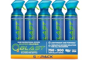 O2 Blast - Pure Oxygen Supplement, Portable Can Filled with 99.99% Pure Oxygen with Custom Breathing Mask, Energy, Performance, Fast Recovery Time, Ideal for High Altitude & Sports - 10L, 5-Pack