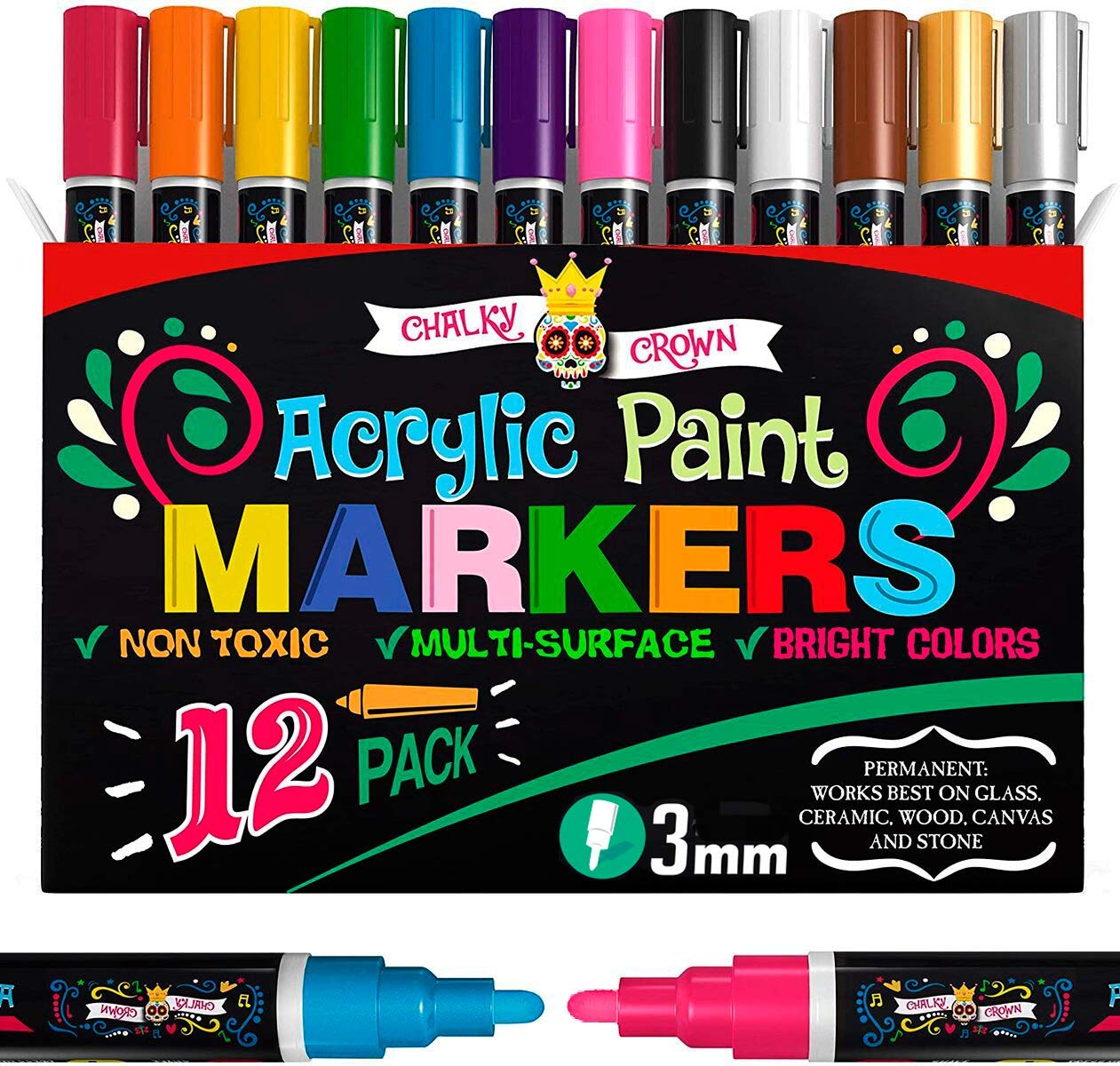 Acrylic Paint Markers for Rock Painting, Ceramic, Canvas 3mm Fine Tip  Paint Pens 12 Pack