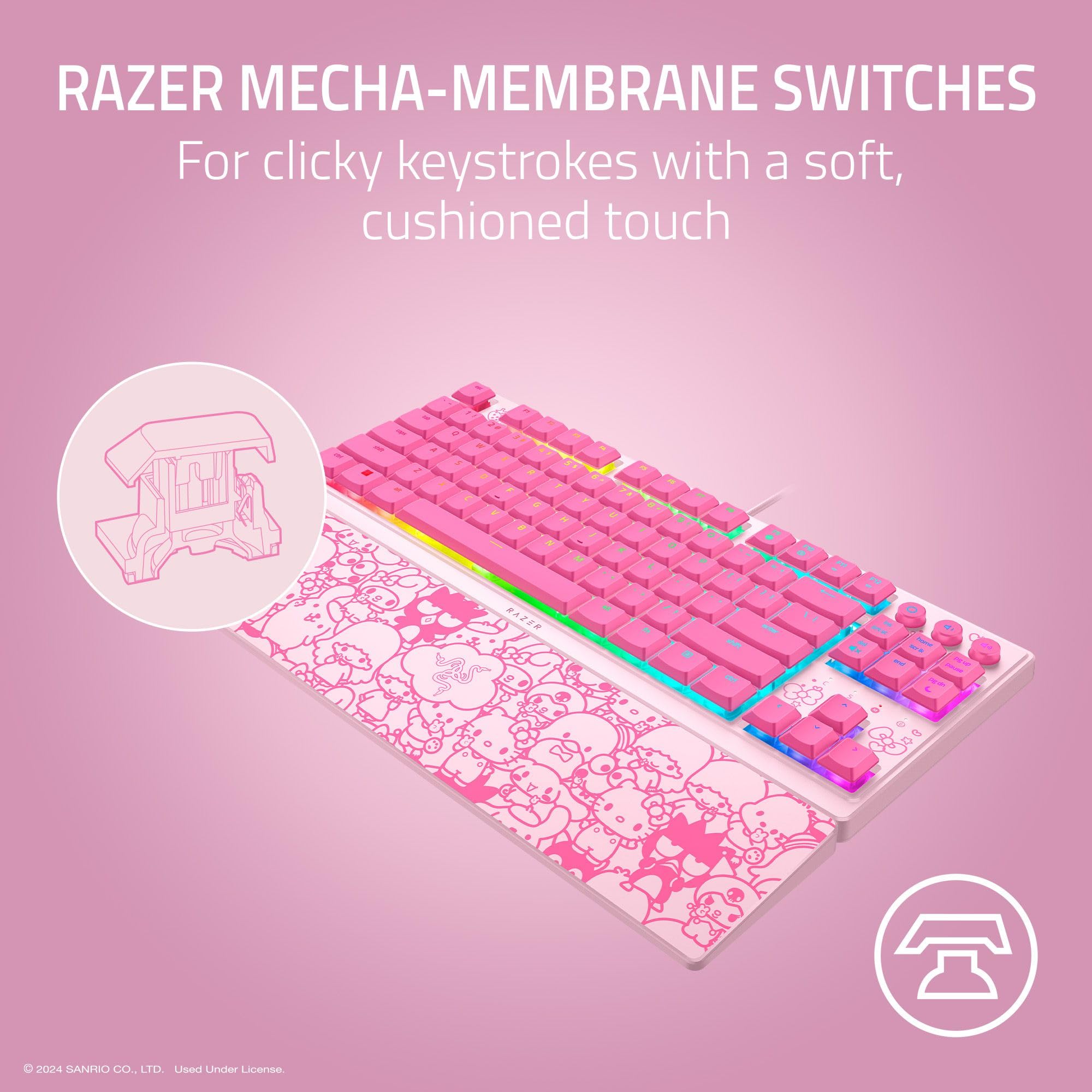Razer Ornata V3 TKL Gaming Keyboard: Low-Profile Keys - Mecha-Membrane Switches - UV-Coated Keycaps - Backlit Media Keys - 8-Zone RGB Lighting - Magnetic Wrist Wrest - Hello Kitty & Friends Edition