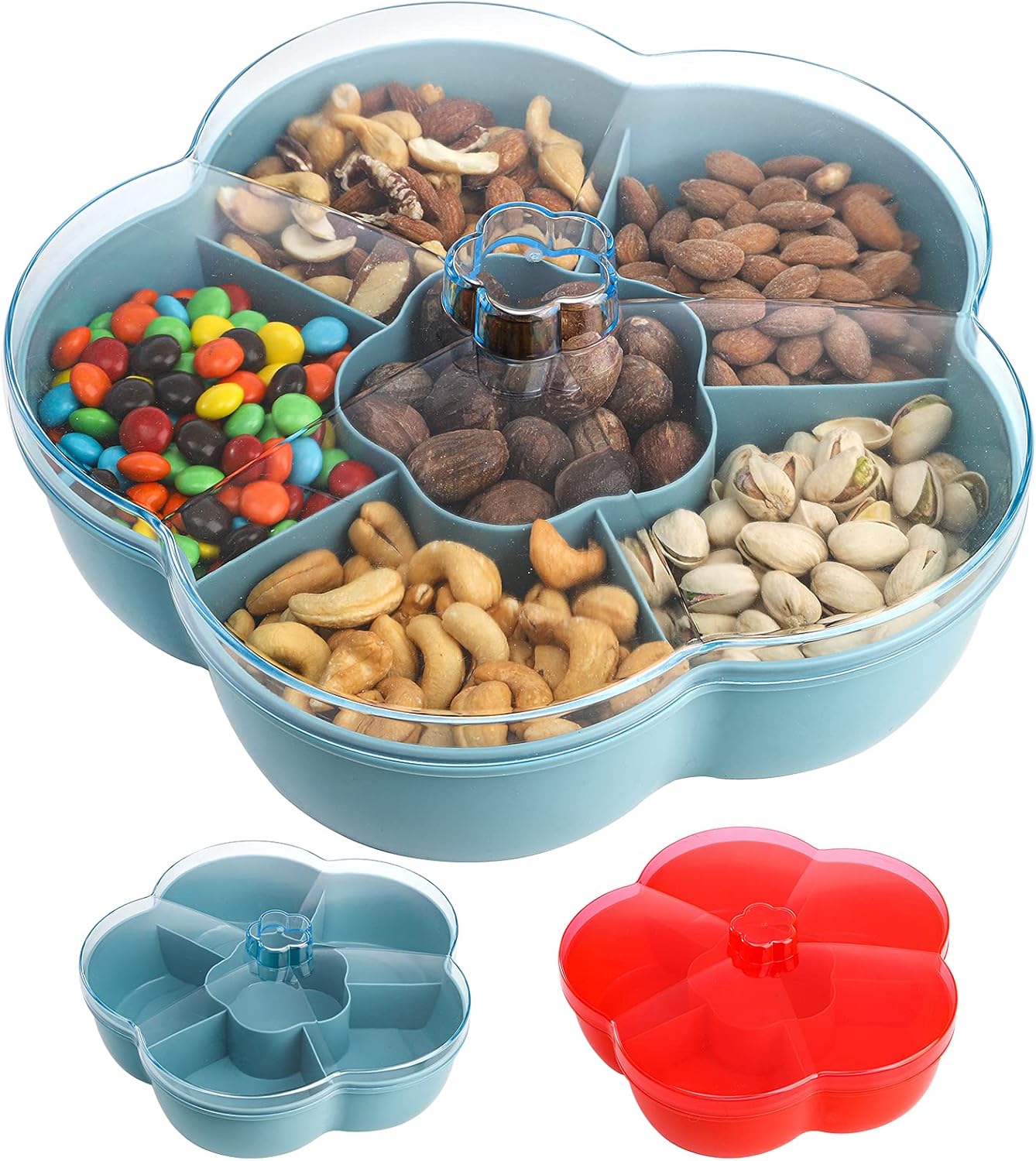 Yarlung 2 Pack 10 Inch Candy Nut Serving Container with Lid, Plastic Snacks Bowl 6 Compartment Dried Fruit Plate Organizer, Appetizer Tray, Food Storage Dish Platter, Flower Shaped, Red & Blue: Kitchen & Dining