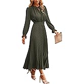 PRETTYGARDEN Women's 2026 Spring Fall Midi Dress Casual Long Sleeve V Neck Swiss Dot Pleated A Line Flowy Dresses