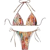 MakeMeChic Women's Zebra Cheetah Triangle Thong Bikini Sets Halter String Bathing Suit Swimsuit