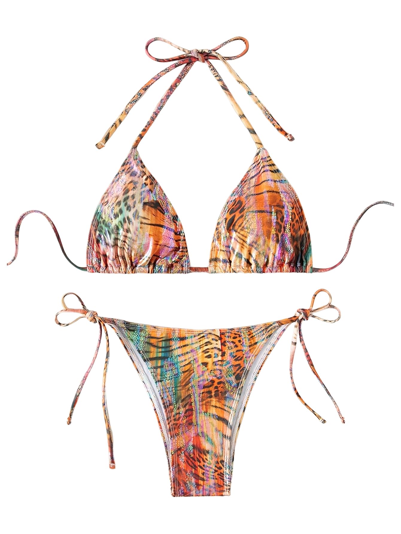 Photo 1 of (xsmall) (bagged) MakeMeChic Women's Halter Triangle Thong Bikini Sets High Cut Swimsuit Bathing Suit Swimwear Animal Print X-Small