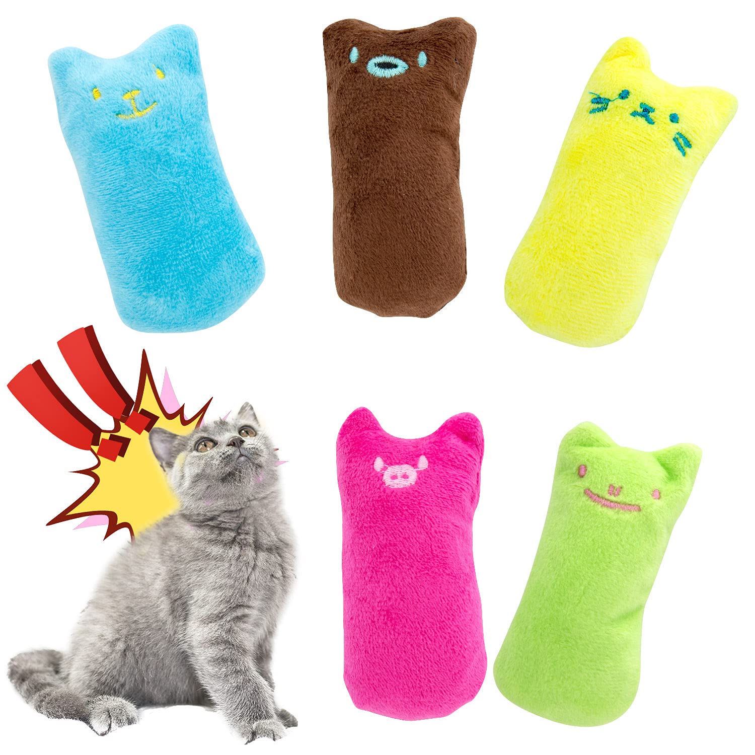Joeyer Cat Catnip Toys, 5 Pack Interactive Catnip Toys for Cat Playing, Cartoon Square Catnip Pillow Chewing Toys Teeth Cleaning Toys for Cat