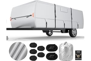 NUKUGULA Oxford Fabric Pop Up Folding Camper Cover 8'-10' Super Waterproof Tear-Resistant Anti-UV Tent Trailer Cover for Winter Snow with Reinforced Corners, 5+2 Windproof Straps, Storage Bag