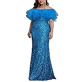 dasmzper Sequin Formal Dress for Women – Sparkly Cold Shoulder Gown with Straps for Wedding Guest or Prom