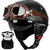 German Style Motorcycle Helmets, Retro Leather Half Helmet, DOT Approved Adult Men Women Vintage Half Face Helmet, with Goggles, for Moped Bike Cruiser Scooter Chopper (Black, L)