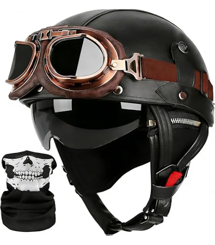 Motorcycle German Leather Half Face Helmet,100% DOT /ECE Approved Cap Half Shell Helmet+Goggles Retro Open-Face Helmet with Adjustable Quick Release Buckle for Cruiser : Automotive