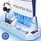 PS5/PS5 Slim Cooling Station with Controller Charging Station for Playstation 5 Console Disc/Digital, PS 5 Cooling Stand Accessories with LED Light/Charger/Cooler Fan/3 USB Hubs/Headset Holder/Screw