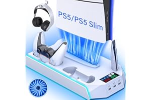 HOLLABUDZ PS5/PS5 Slim Cooling Station with Controller Charging Station for PlayStation 5 Console Disc/Digital, PS 5 Cooling Stand Accessories with LED Light/Charger/Cooler Fan/3 USB Hubs/Headset Holder/Screw