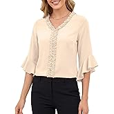 Blooming Jelly Womens Dressy Casual Blouses 3/4 Length Bell Sleeve V Neck Ruffle Tops Trendy Summer Business Work Shirt