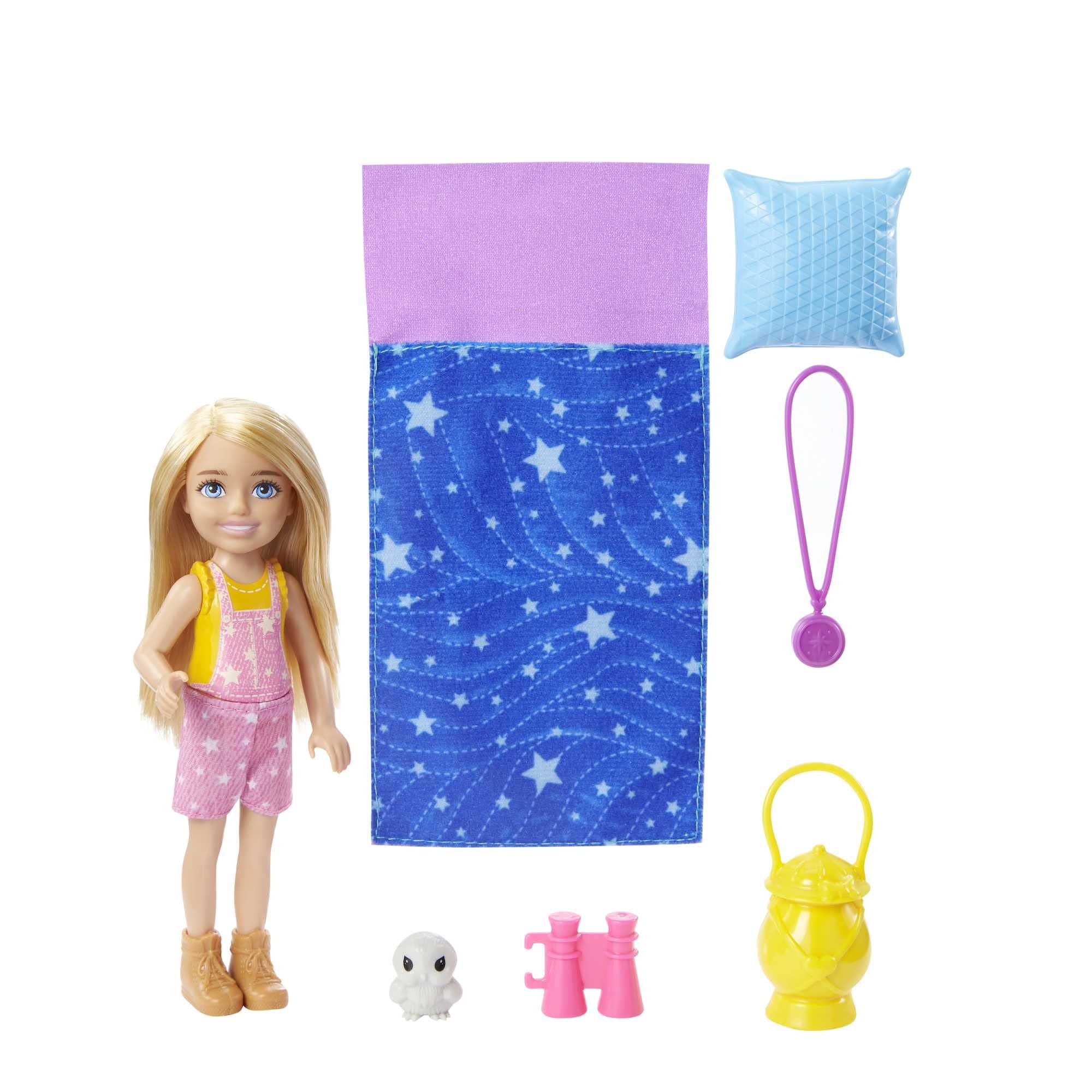 Barbie It Takes Two Caping Playset with Blonde Chelsea Small Doll Owl, Sleeping Bag & Accessories, HDF77