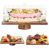 Acacia Wood Cake Stand with Lid,17'' Rectangle Cake Holder,2-in-1 Dessert Display Stand&Large Charcuterie Board,Cupcake Stand for Party Wedding,Serving Tray with Acrylic Dome for Cheese,Fruit Platter
