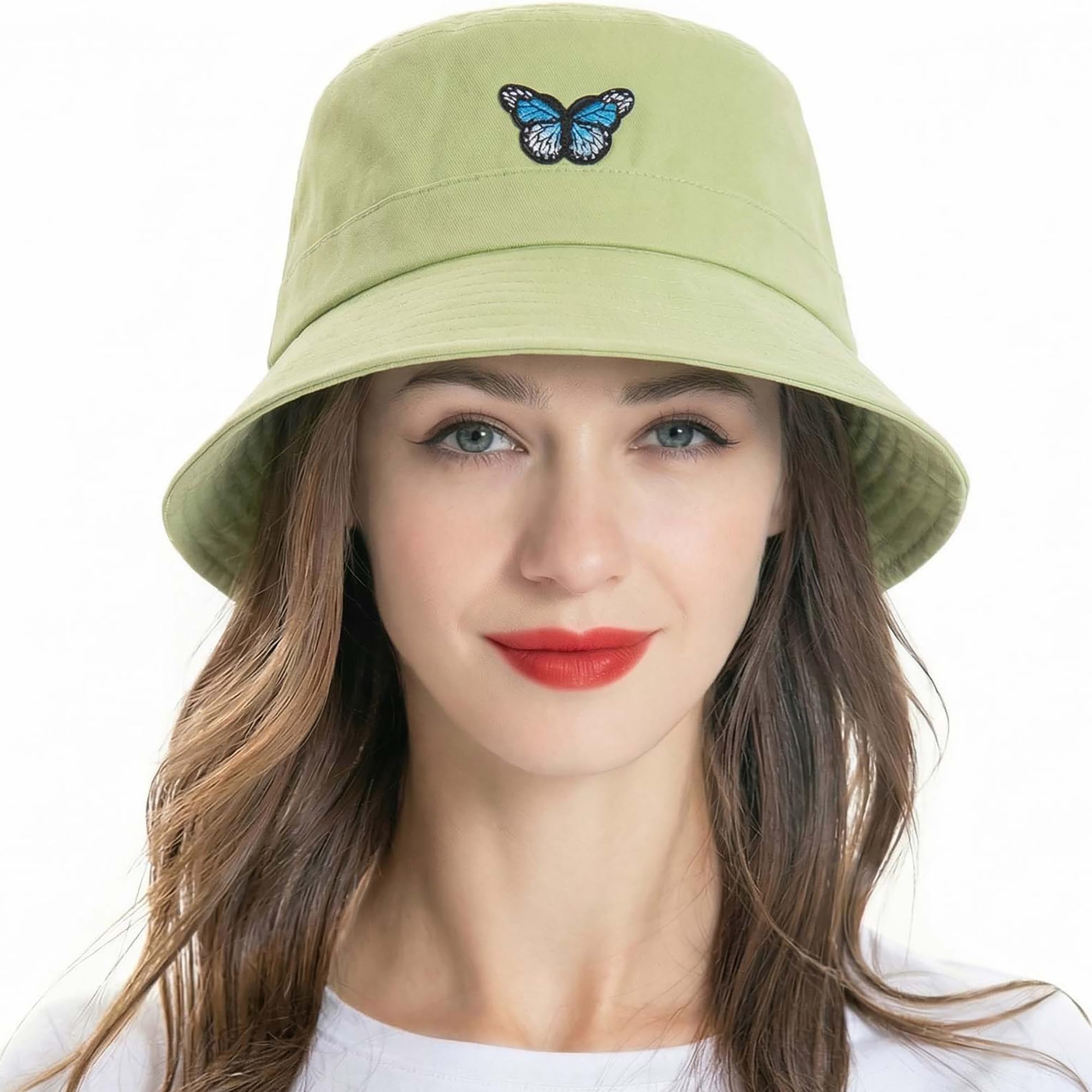 ZLYC Women Men Bucket Hat Embroidered Sun Fishing Hats Summer Outdoor Hat(Butterfly Light Green),One Size
