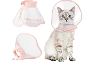 BENCMATE Cat Cone, Drawstrings Cat Cone Collar with Low Noise Fasteners, Transparent Cat Recovery Collar, Licking and Scratching Free Cone, Extra Soft Cat Surgery Collar (Pink,Medium)
