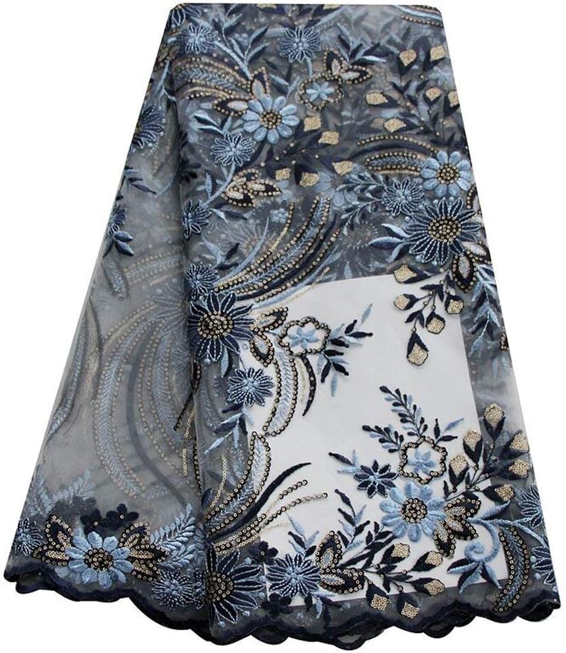 LaceQiao 5Yards Embroidery African Lace Fabrics French Bridal Beaded Nigerian Lace Tulle Lace Fabric with Beads hsequins for Wedding Dress (Blue)