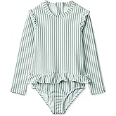 LDIOIF Girls One Piece Swimsuits Zipper Rash Guard Long Sleeve Bathing Suit with Ruffle Hem UPF50+
