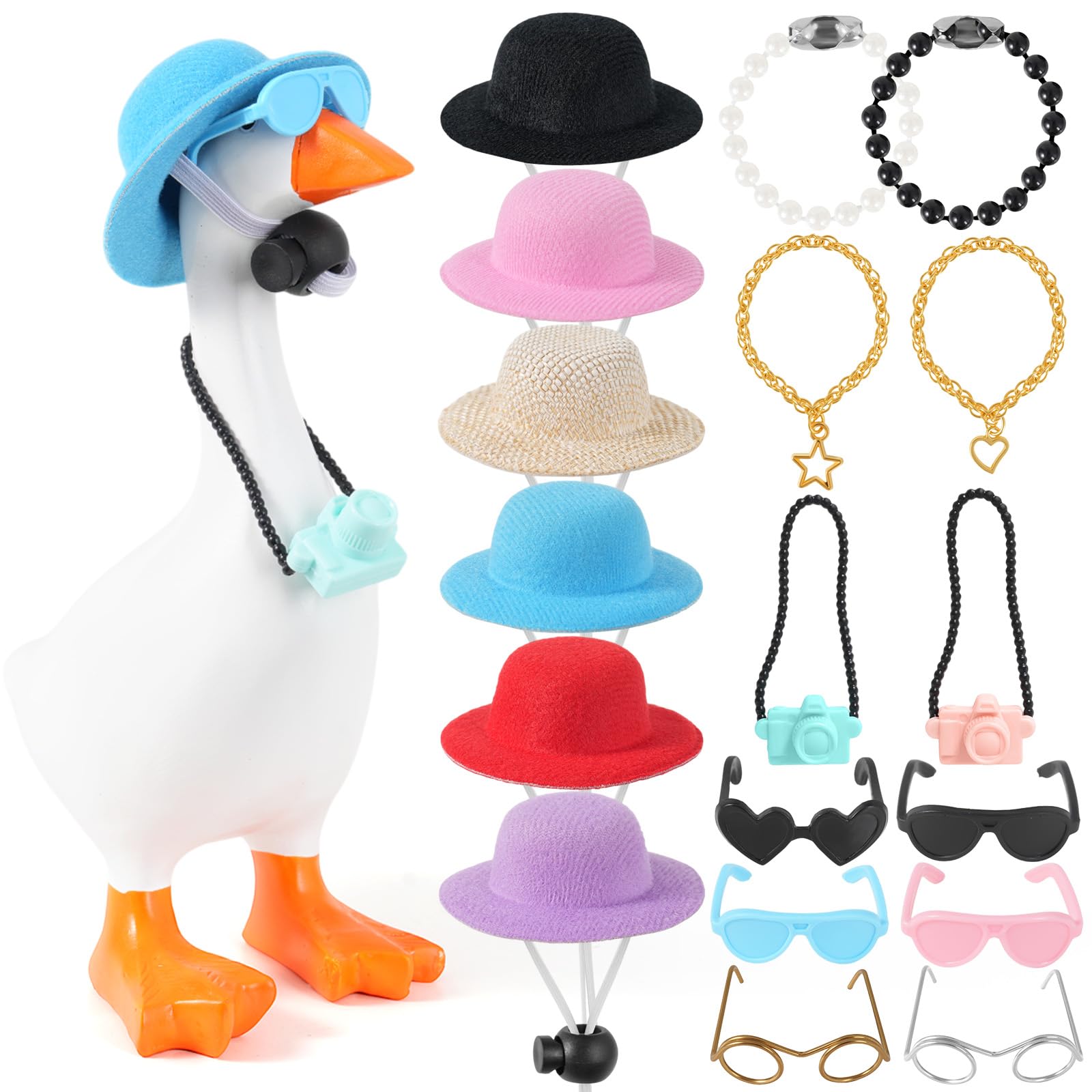 linastu 6 Set 7inch Desk Goose Outfits, Mini Desktop Goose clothes Desk Goose Accessories Set for Magnetic Goose Statue (Hats+ Sunglasses+ Necklace)