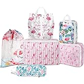 6 Pcs Compression Packing Cubes Waterproof Suitcase Travel Bag Luggage Backpack Organizer Travel Cubes for Packing-Flamingo