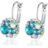 Multicolored Austrian Crystal Leverback Earrings for Women 14K Gold Plated Dangle Hoop Earrings Hypoallergenic Jewelry