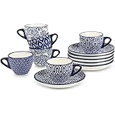 Selamica Ceramic 2 oz Espresso Cups, Small Expresso Coffee Cup Set with Saucers, Porcelain Mini Demitasse Cups for Latte Mocha Tea, Set of 6, Vintage Blue