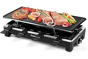 Techwood Raclette Electric Table Indoor Korean BBQ Grill - 2-in-1 Non-Stick Plate, 1500W Fast Heating, 8 Cheese Melt Pans - I