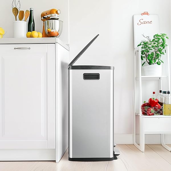 ELEVON KITCHEN TRASH CAN WITH LID, 2 X 8 GALLON GARBAGE CAN, WITH SOFT-CLOSE FOOT PEDAL AND REMOVABLE INNER BUCKET, 60 LITER LARGE STAINLESS WASTE BIN FOR BATHROOM BEDROOM HOME OFFICE