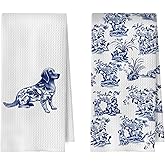 BlissfulAbon Chinoiserie Golden Retriever Kitchen Towels 16x24 Inch, Golden Retriever Gifts Decorative Waffle Weave Dish Towels, Blue and White Dog Hand Towel, Dog Lover Gifts Tea Towel Set of 2