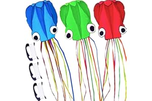 MILKY HOUSE 3 Pack Octopus Kite, 3D Kite Long Tail Easy Flyer Kite Beach Kites People Adults Gift 3 Colors (Blue Green Red) Kites for Kids Easy To Fly, Kite Kit with Kite String 100M, Kiteboarding Kite for Adults
