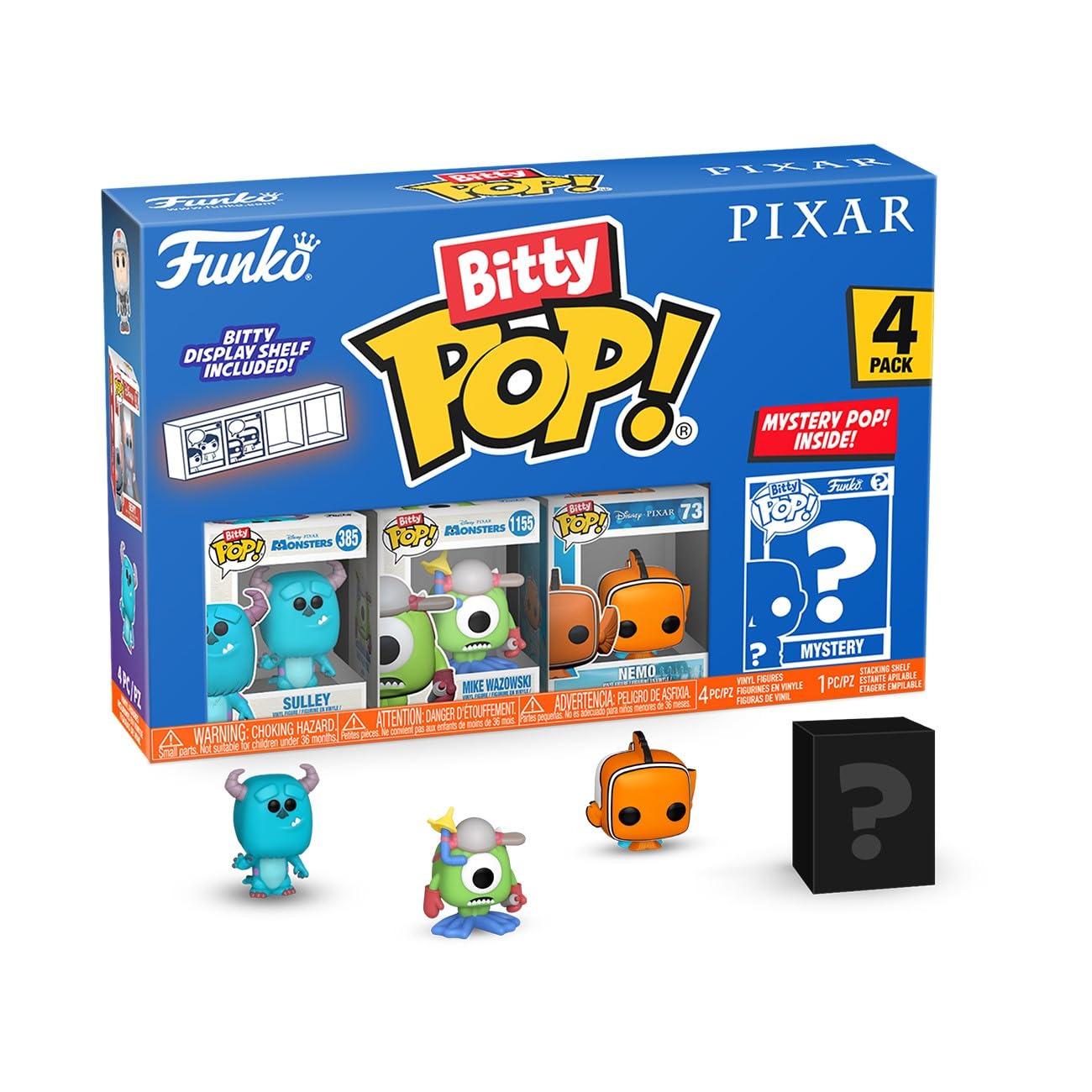 Funko Bitty Pop! Pixar - Monsters Inc. 4PK​ - Sulley, Boo, Mike Wazowski and A Surprise Mystery Mini Figure - 0.9 Inch (2.2 Cm) - Pixar Collection Collectable - Stackable Display Shelf Included