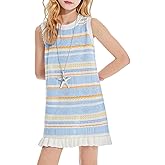 Girls Sleeveless Tank Dress, Blue Multicolor Striped Floral with Ruffle Hem Casual Summer Dress 6-16Y