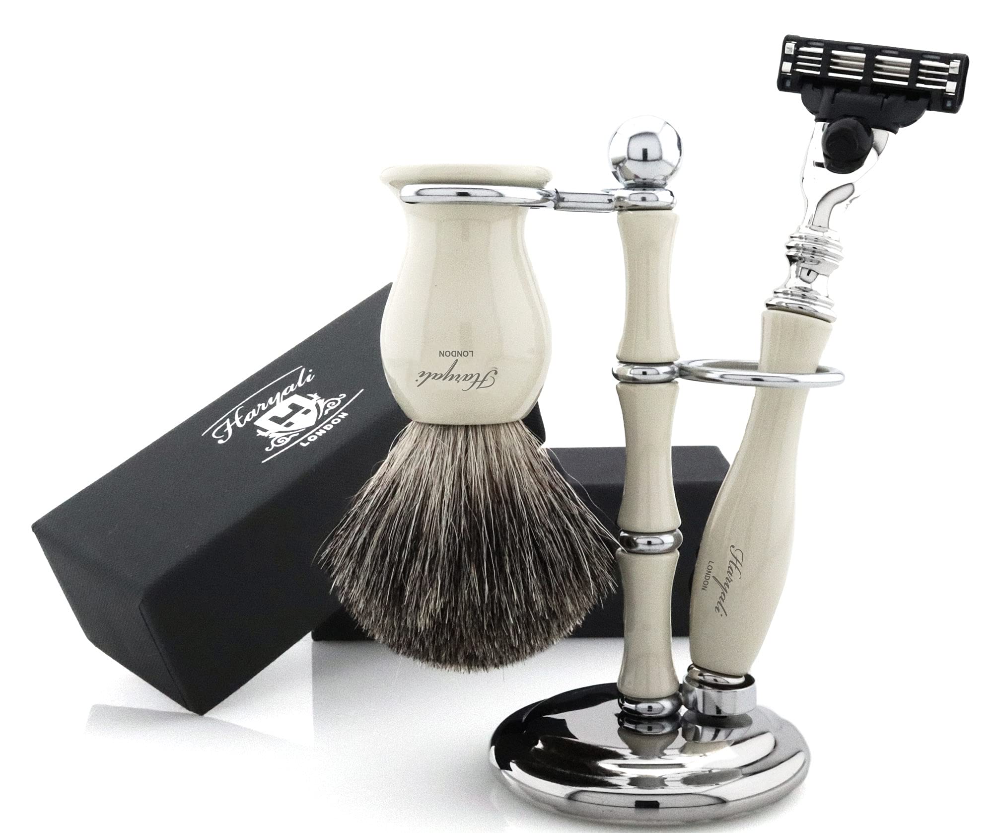 Haryali London, 3 Pcs Shaving Kit for Men, Tripple Edge Safety Razor Set with Pure Badger Hair Brush & Shaving Stand, Mens Grooming Kit Wet Shaving Gift Set – Off White