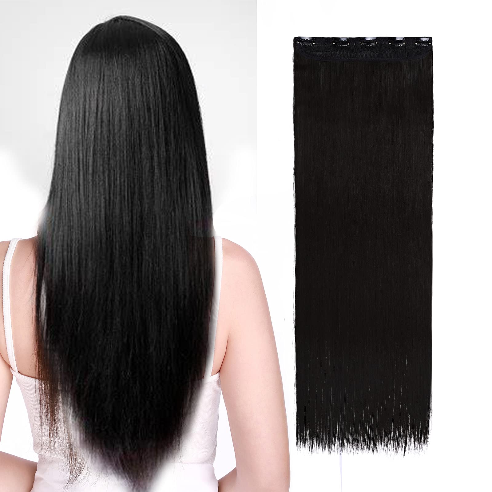 30inch Long Straight Hair Extension One Piece Clip in Hair Extensions Hairpiece Synthetic Half Head Jet Black