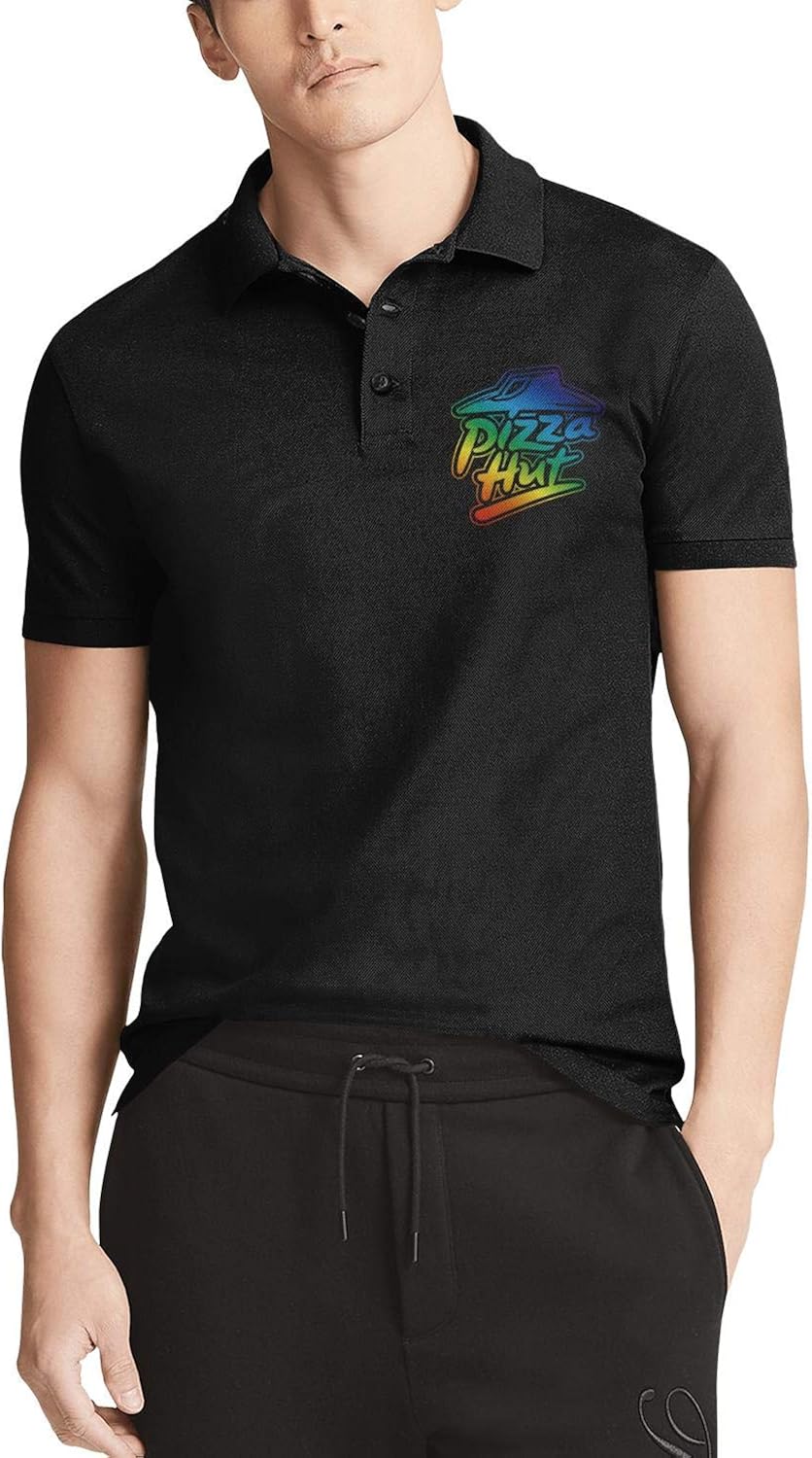 Men's Black Short Sleeve Collar Polo T-Shirt Pizza-Hut-Logo-Flash-Gold-Order-Pizza-Online- Fashion Buttons Tee Tops