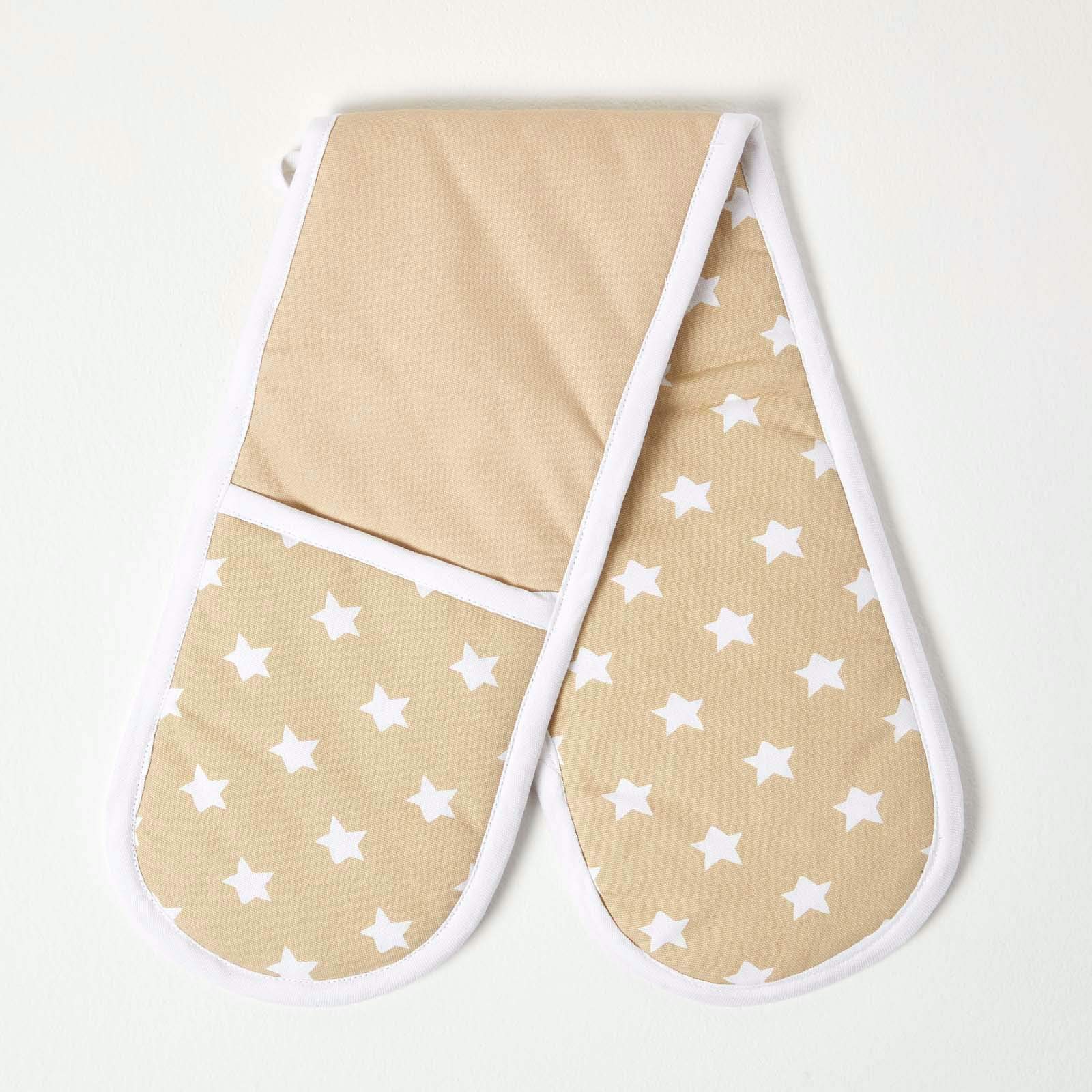 HOMESCAPES - Pure Cotton Double Oven Glove - Stars - Beige White - 18 x 84 cm - Fully Coordinated Washable Kitchen Linen