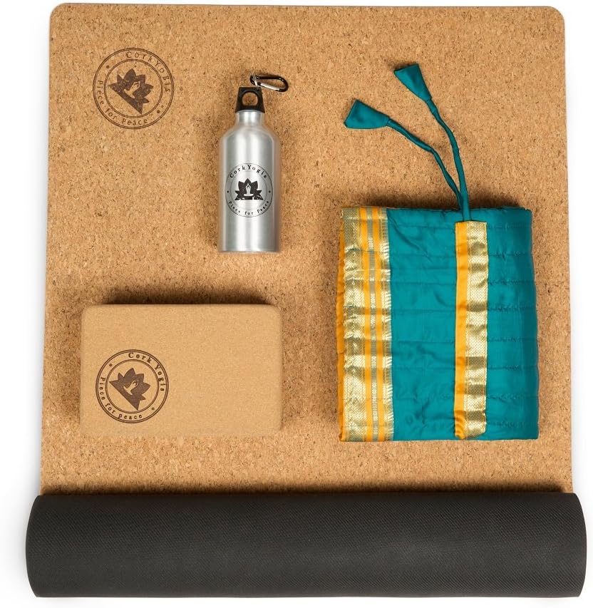 CorkYogis Yoga Gift Pack Set Includes 3mm thick Non-Slip Cork Yoga Mat 172cm x 60cm, Yoga bag, Yoga block and aluminium sports water bottle