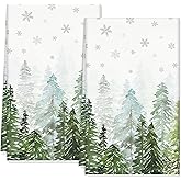 2Pcs Christmas Kitchen Dish Towels 18 x 28 Inch Watercolor Pine Trees Snowflake Dishcloth Winter Forest Xmas Tree Hand Drying Tea Towel for Holiday Cooking Baking Cleaning Bathroom