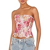 Argeousgor Women Lace Bustier Corset Tops Y2K Boned Mesh Strapless Tube Top Floral Overbust Crop Top Party Clubwear